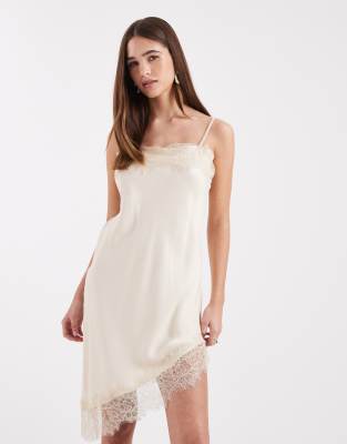 ASOS DESIGN ASOS DESIGN satin lace trim asym mini dress in ecru-White