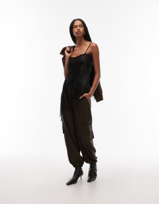 Asos Design Satin Lace Trim Asymmetric Cami Top In Black