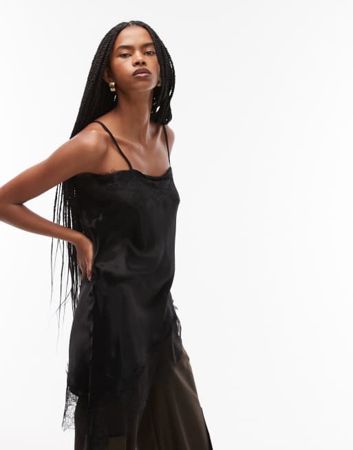 ASOS DESIGN satin lace trim asym cami top in black