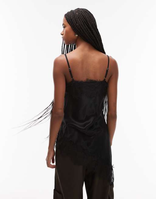 ASOS DESIGN satin lace trim asym cami top in black