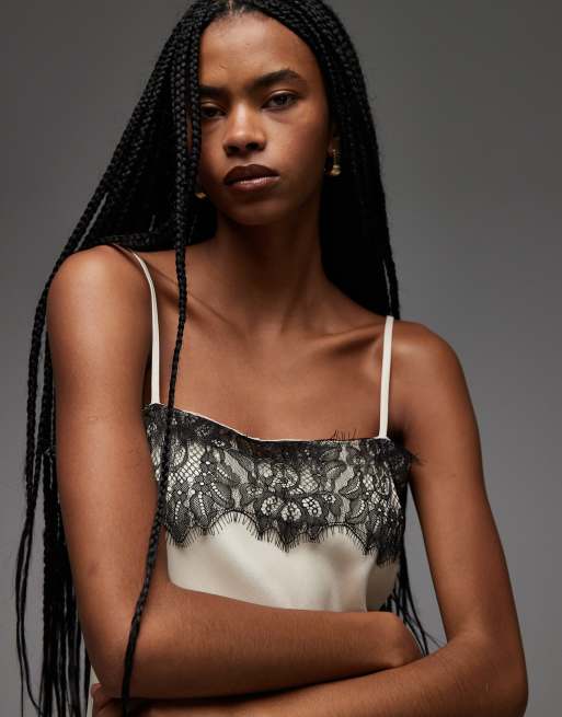 ASOS DESIGN satin lace trim asym cami top in ecru