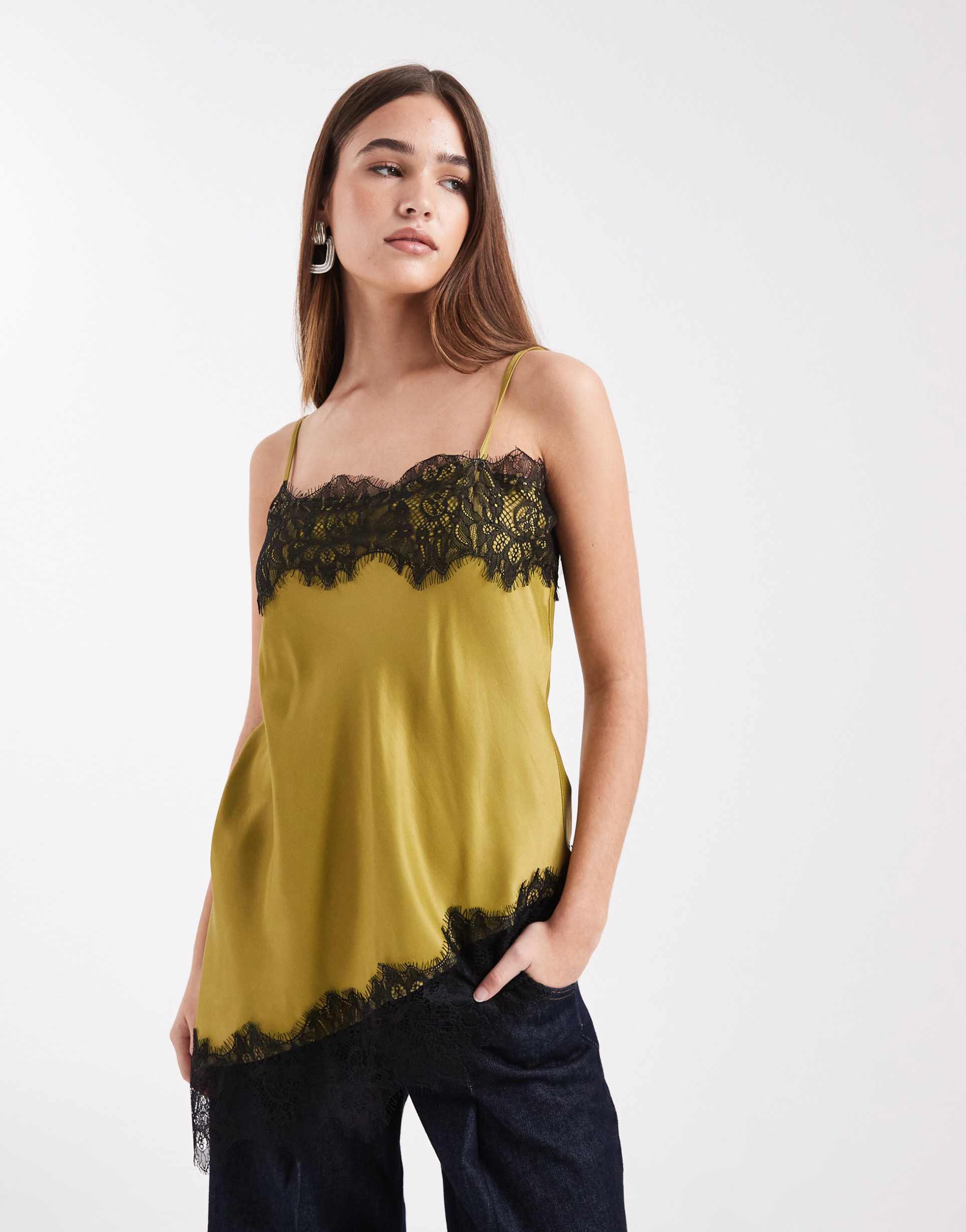 asos design satin lace trim asymmetric cami top in olive