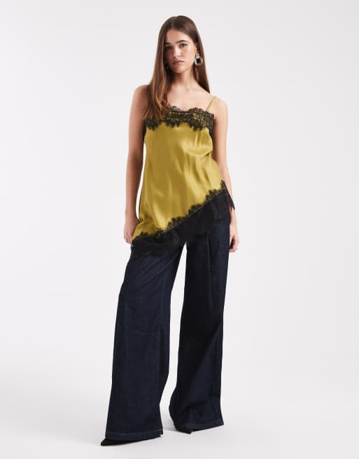 ASOS DESIGN satin lace trim asymmetric cami top in olive