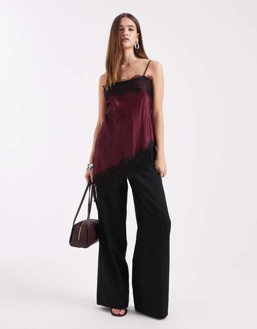 ASOS DESIGN satin lace trim asymmetric cami top in plum