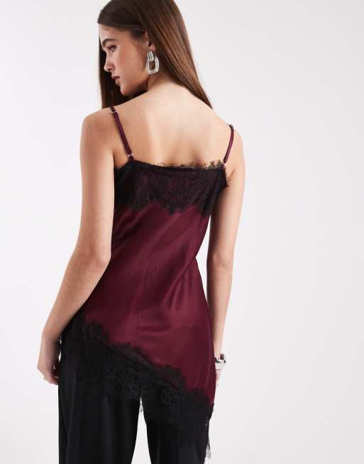 ASOS DESIGN satin lace trim asymmetric cami top in plum