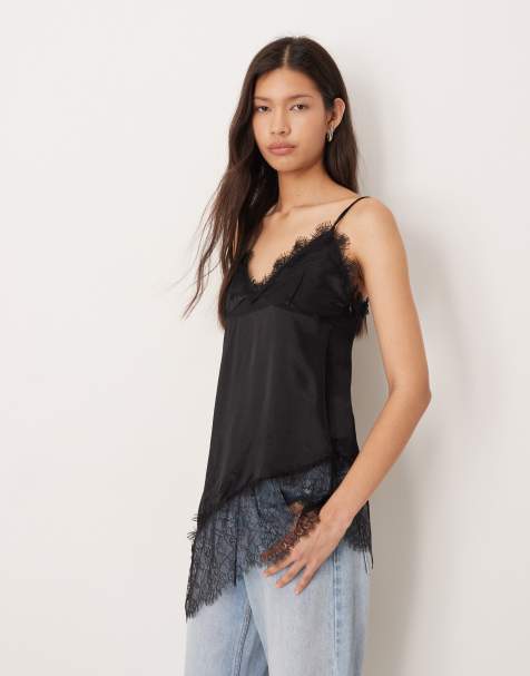 ASOS DESIGN satin lace trim asymmetric hem cami top in black - view 1