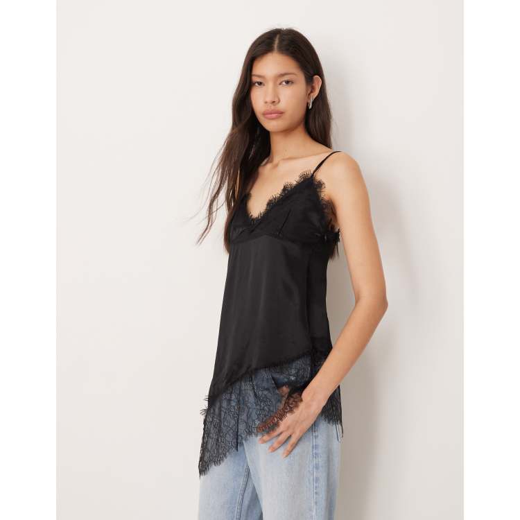 ASOS DESIGN satin lace trim asymmetric hem cami top in black | ASOS