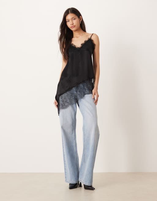 ASOS DESIGN satin lace trim asym hem cami top in black