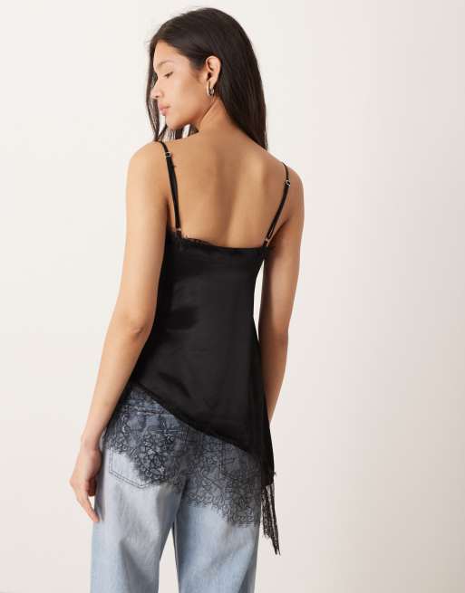 ASOS DESIGN satin lace trim asym hem cami top in black
