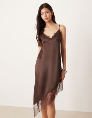 Asos Design Satin Lace Trim Asymmetric Hem Maxi Dress In Brown