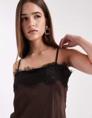 Asos Design Satin Lace Trim Asymmetric Mini Dress In Brown