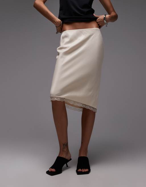 ASOS DESIGN satin lace trim bias cut midi skirt in ecru