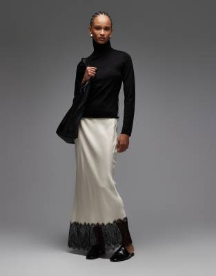 Asos Design Satin Lace Trim Bias Cut Midi Skirt In White
