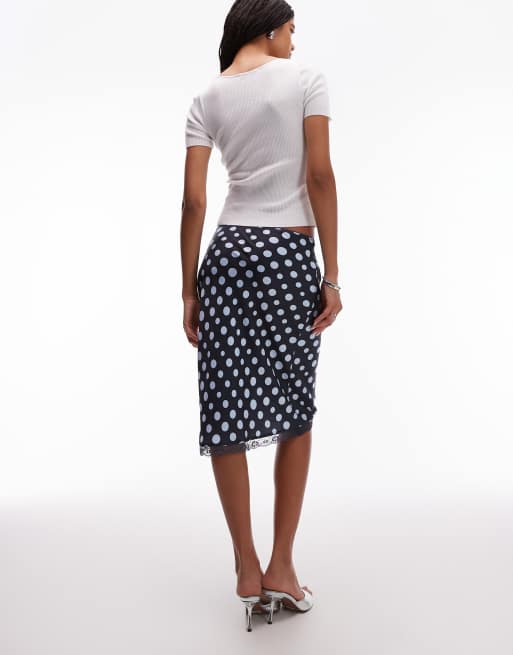 ASOS DESIGN satin lace trim bias cut midi skirt in polka dots, 4 of 5