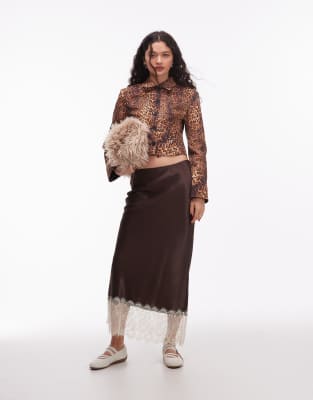 Asos Design Satin Lace Trim Bias Midi Skirt In Brown