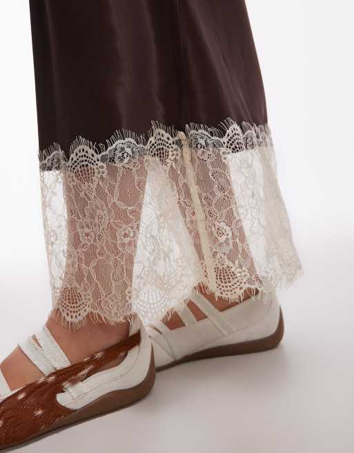 ASOS DESIGN satin lace trim bias midi skirt in chocolate, 2 of 5