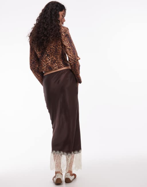 ASOS DESIGN satin lace trim bias midi skirt in chocolate, 3 of 5