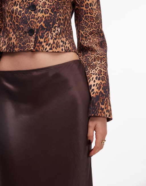 ASOS DESIGN satin lace trim bias midi skirt in chocolate, 4 of 5