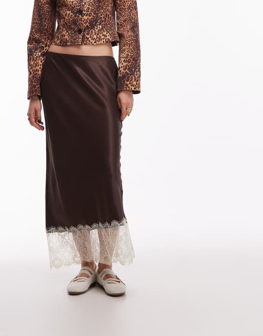 ASOS DESIGN satin lace trim bias midi skirt in chocolate, 5 of 5