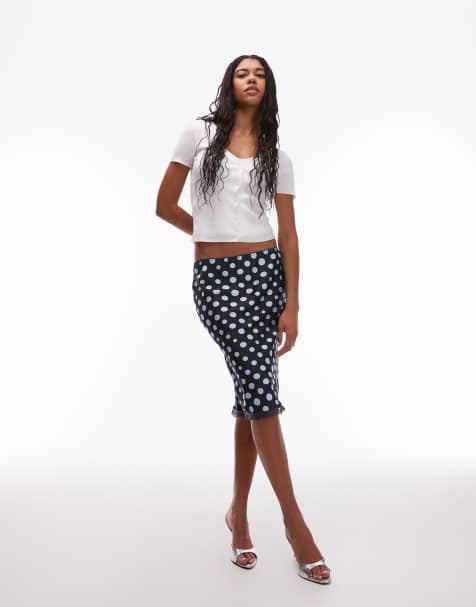 ASOS DESIGN satin lace trim bias midi skirt in navy polka dot - view 1