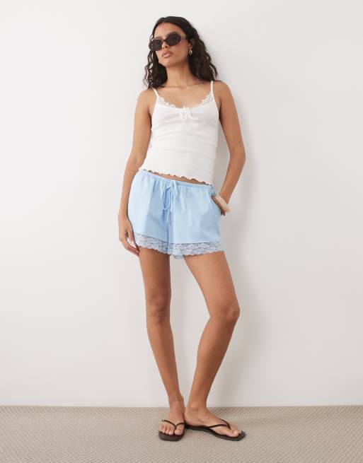 ASOS DESIGN satin lace trim draw cord shorts in light blue (part of a set), 2 of 5