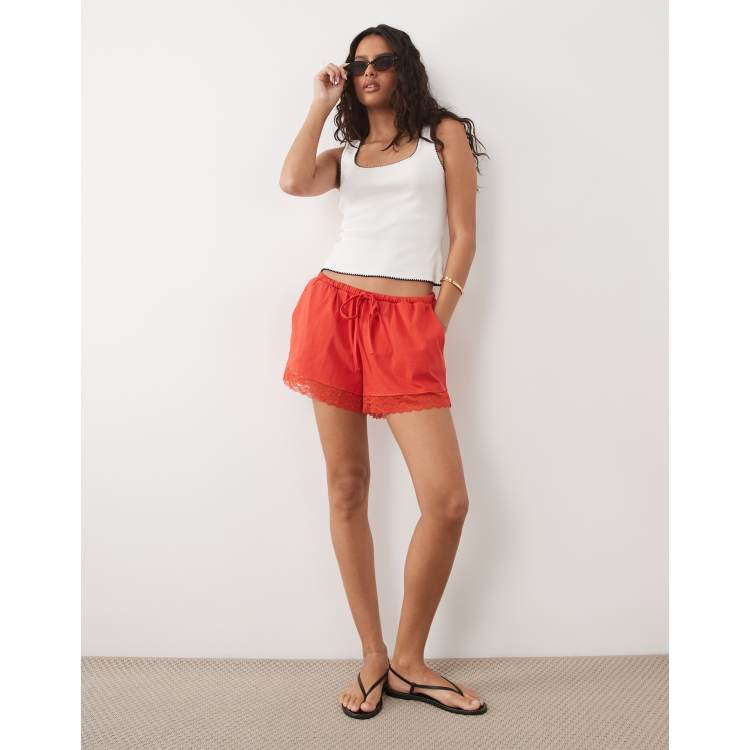 ASOS DESIGN satin lace trim drawstring shorts in red - part of a