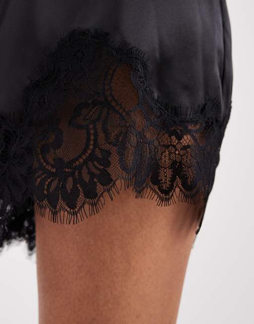 ASOS DESIGN satin lace trim drawstring waist short in black, 4 of 5