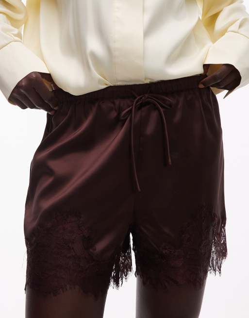ASOS DESIGN satin lace trim drawstring waist short in brown, 3 of 5