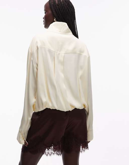 ASOS DESIGN satin lace trim drawstring waist short in brown, 4 of 5