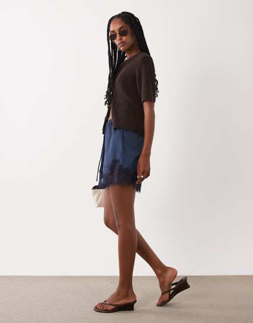 ASOS DESIGN satin lace trim drawstring waist short in navy, 3 of 5