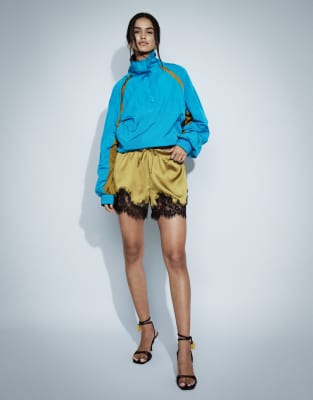 Asos Design Satin Lace Trim Drawstring Waist Short In Green