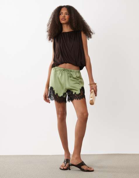 ASOS DESIGN satin lace trim drawstring waist short in sage - view 1
