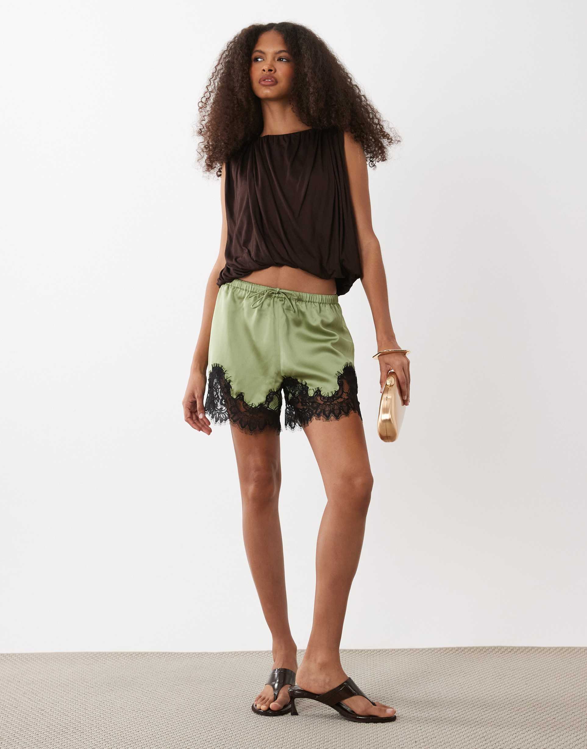 asos design satin lace trim drawstring waist short in sage