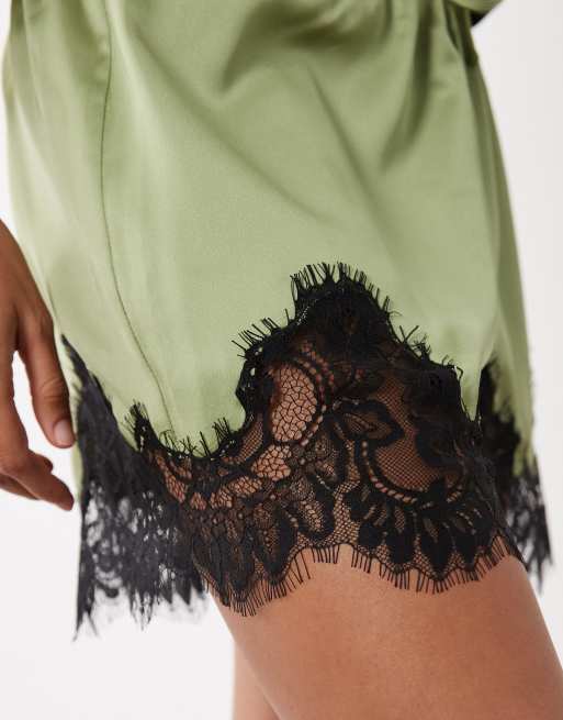 ASOS DESIGN satin lace trim drawstring waist short in sage, 4 of 5