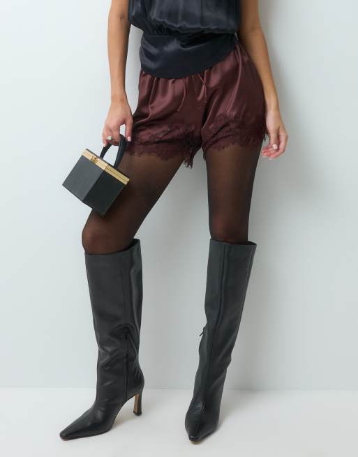ASOS DESIGN satin lace trim drawstring waist shorts in brown, 4 of 5