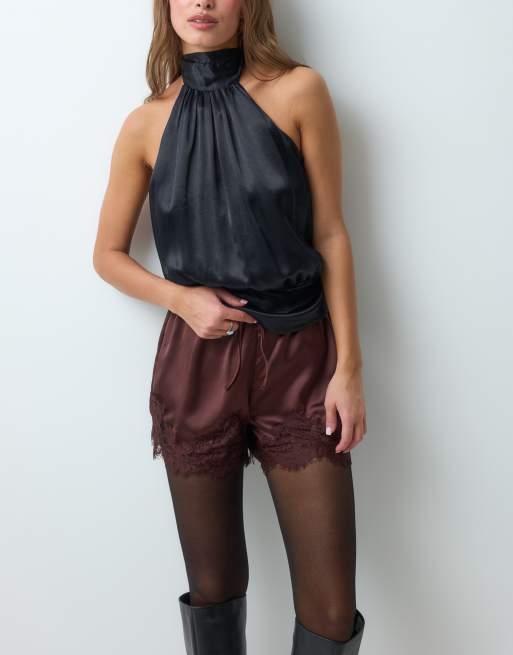 ASOS DESIGN satin lace trim drawstring waist shorts in brown, 5 of 5