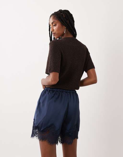 ASOS DESIGN satin lace trim drawstring waist shorts in navy, 2 of 5