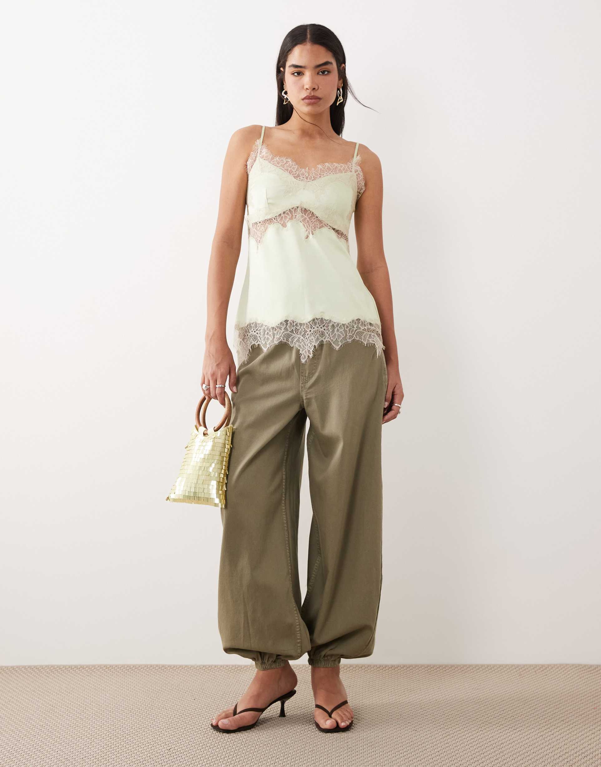 asos design satin lace trim long line cami top in matcha green