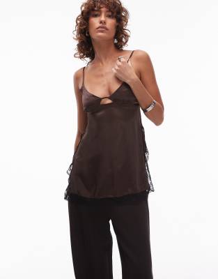 Asos Design Satin Lace Trim Longline Cami Top In Brown