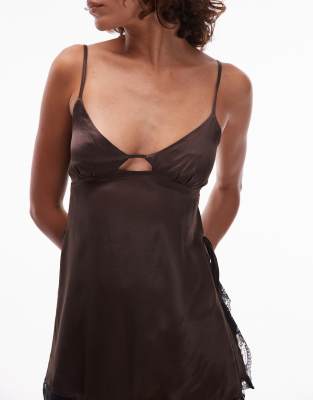 Asos Design Satin Lace Trim Longline Cami Top In Brown