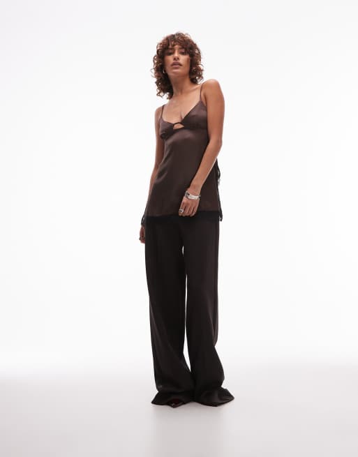 ASOS DESIGN satin lace trim longline cami top in chocolate, 4 of 4