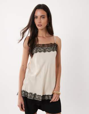 Asos Design Satin Lace Trim Longline Cami Top In White