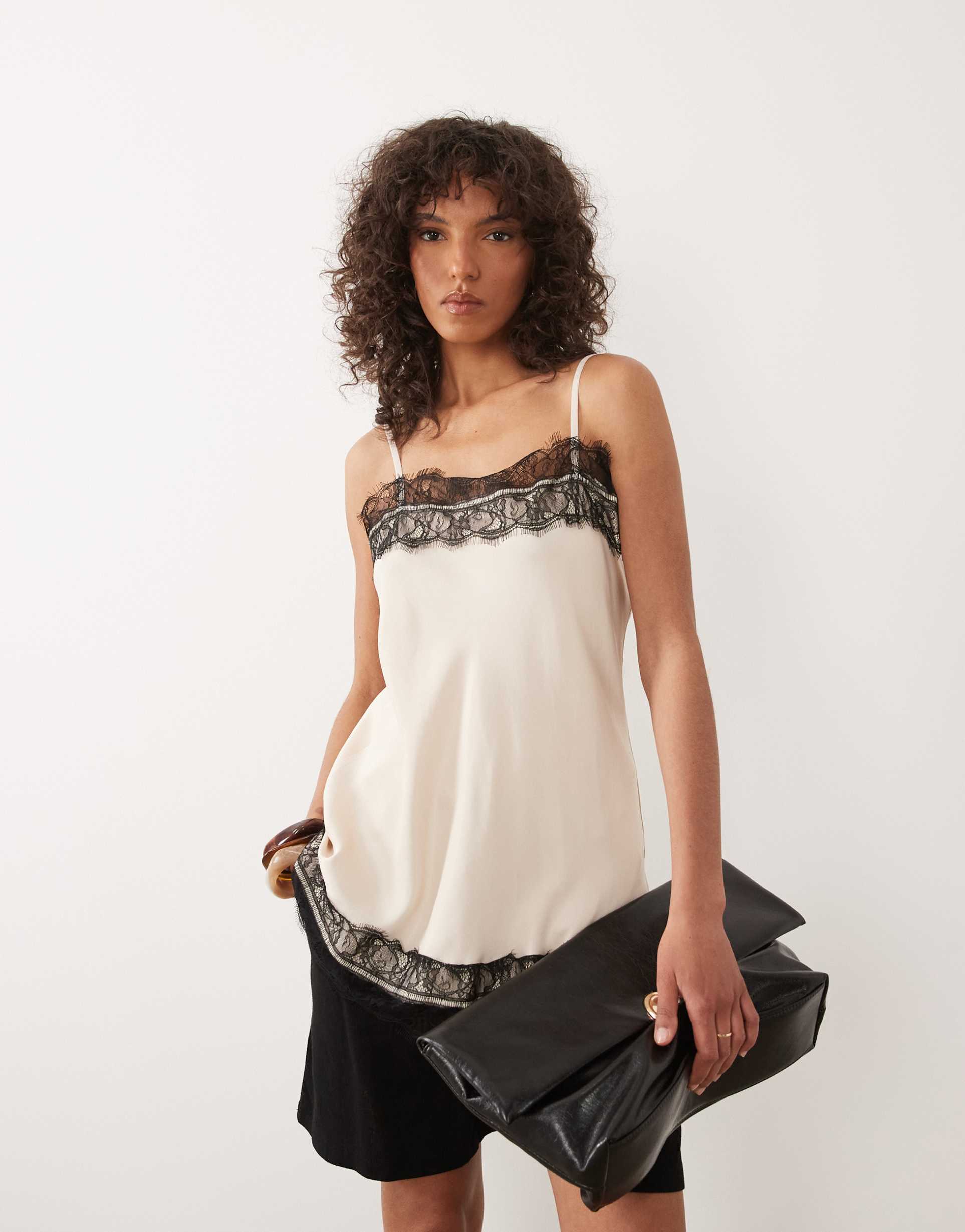 asos design satin lace trim longline cami top in ecru