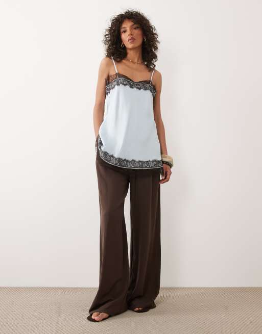 ASOS DESIGN satin lace trim longline cami top in light blue, 2 of 4