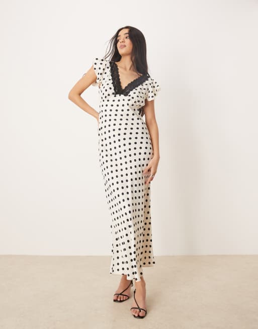 ASOS DESIGN satin lace trim maxi dress in cream polka dot