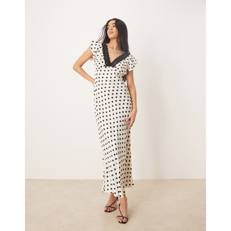 ASOS DESIGN satin lace trim maxi dress in cream polka dot | ASOS