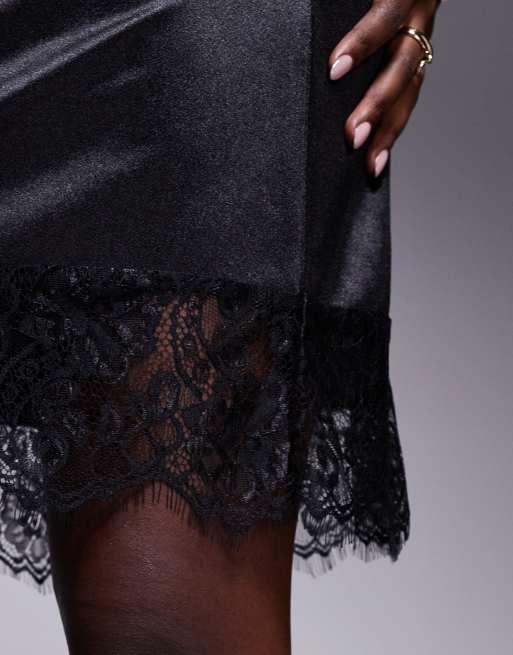 ASOS DESIGN satin lace trim mini skirt in black