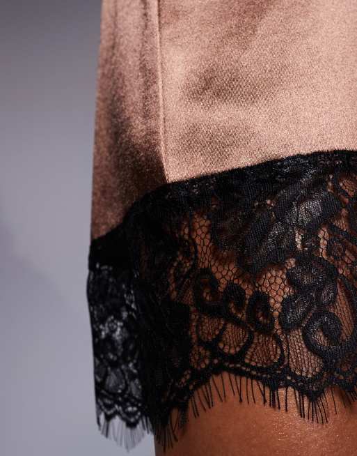 ◆TOOMUCHTAX◆ LACE SATIN MINI SKIRT BROWN Satin Lace Trim Mini Skirt– ASTR the Label