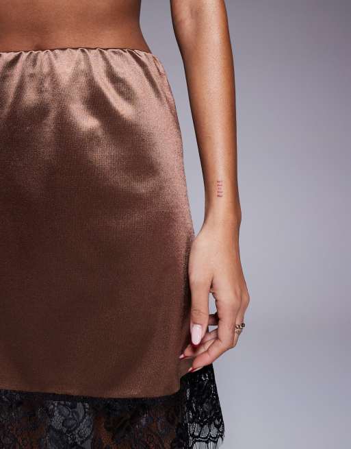 ◆TOOMUCHTAX◆ LACE SATIN MINI SKIRT BROWN ASOS DESIGN satin lace trim mini skirt in brown | ASOS