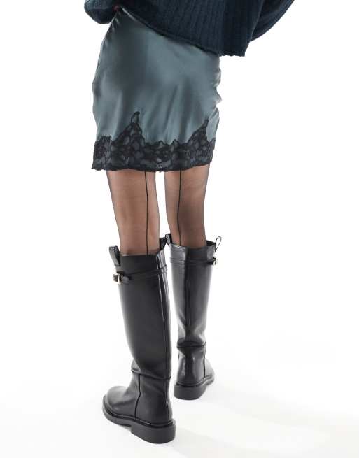 ASOS DESIGN satin lace trim mini skirt in charcoal